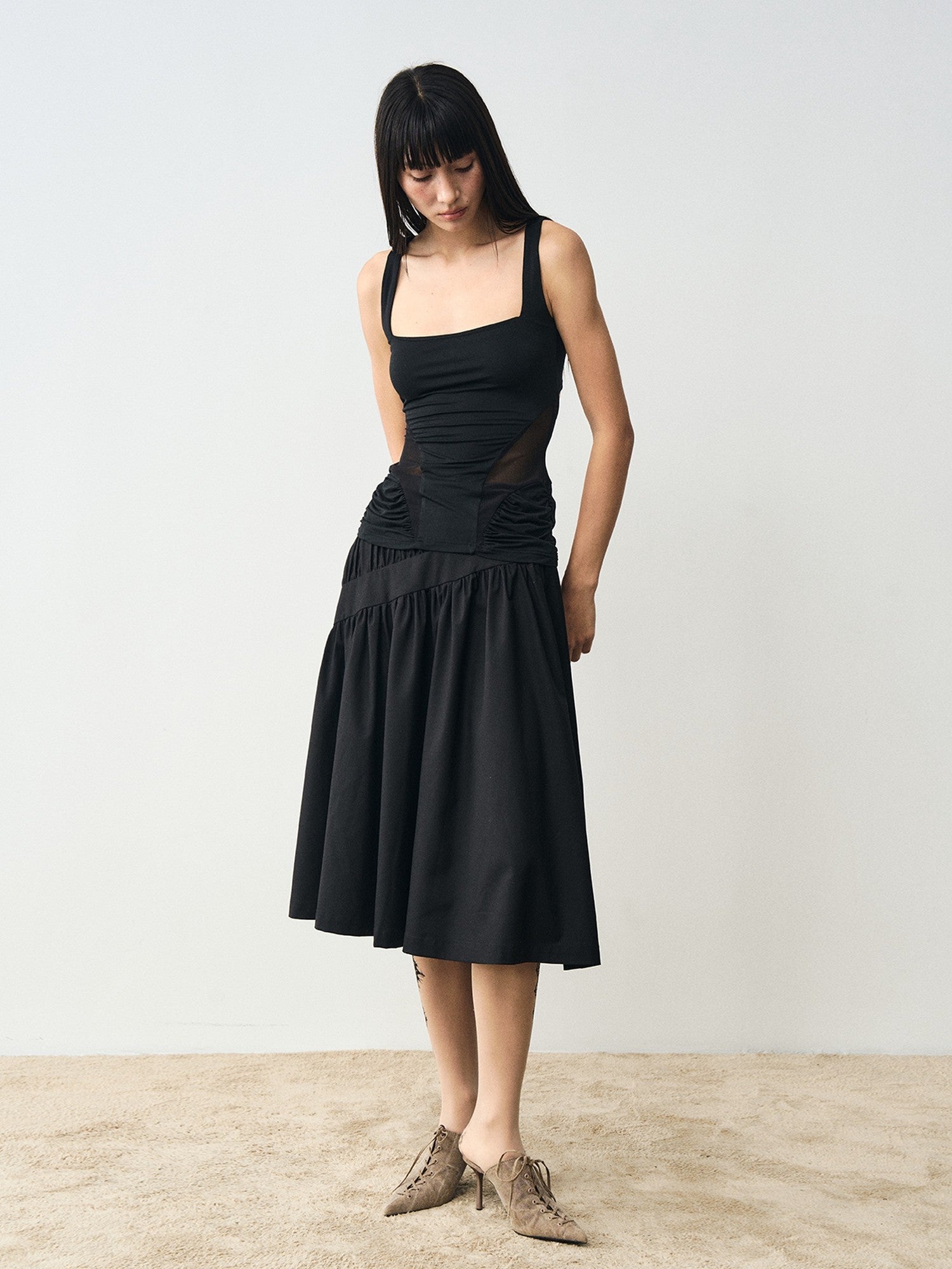 popoop Designer Spliced Panel Ruched Open Back Women&