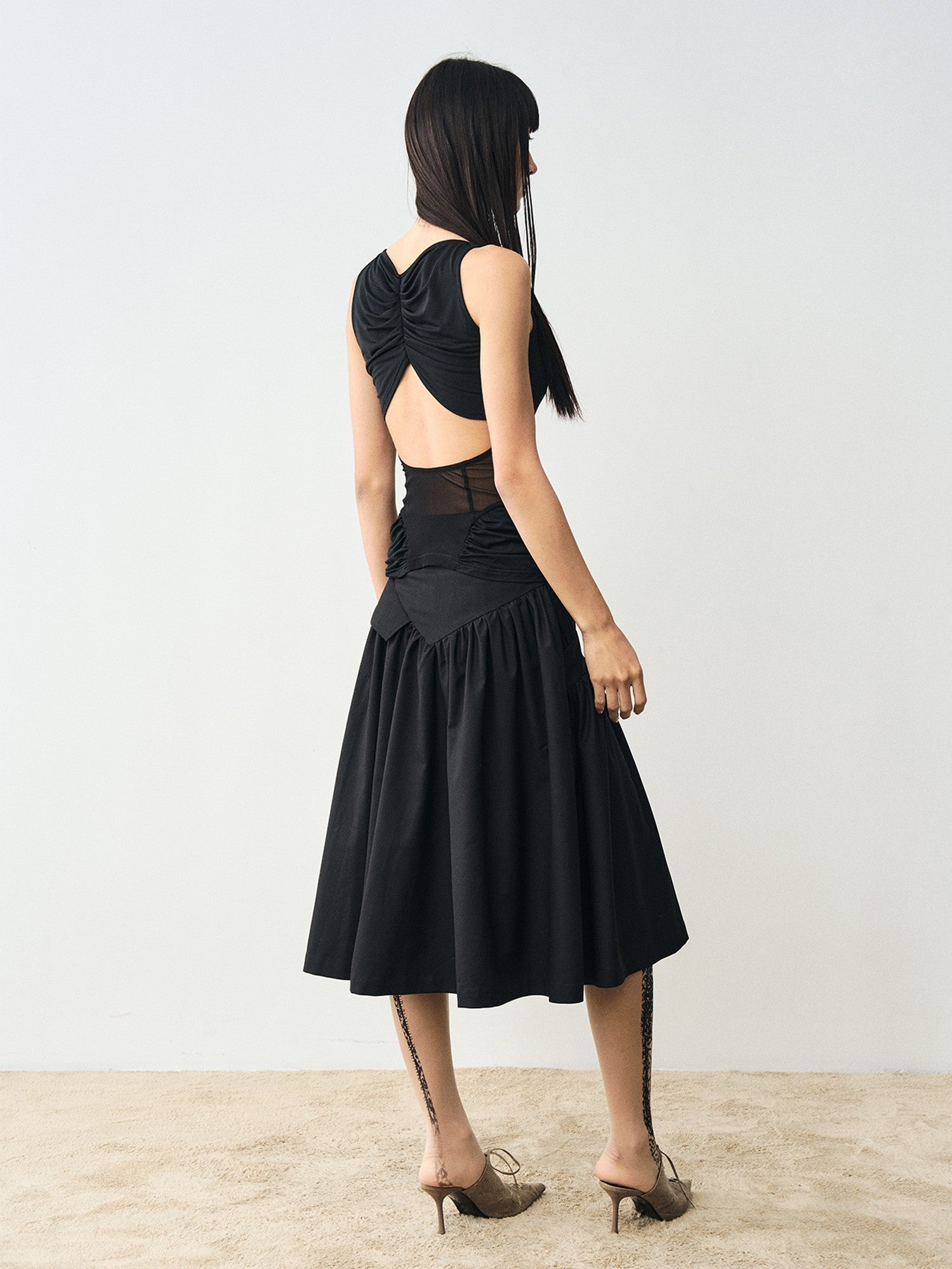 popoop Designer Spliced Panel Ruched Open Back Women&