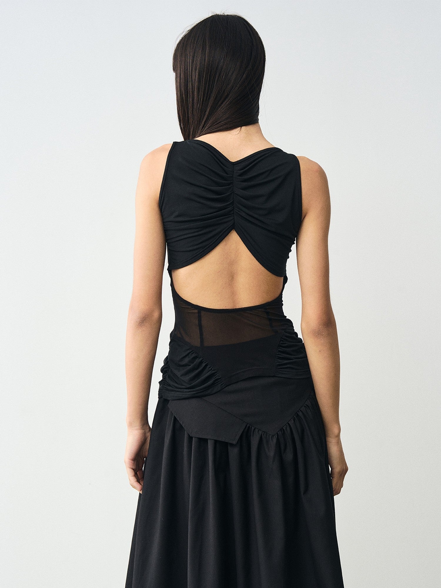 popoop Designer Spliced Panel Ruched Open Back Women&