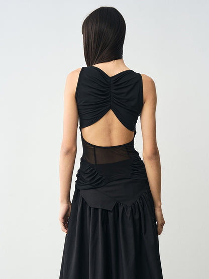 popoop Designer Spliced Panel Ruched Open Back Women&
