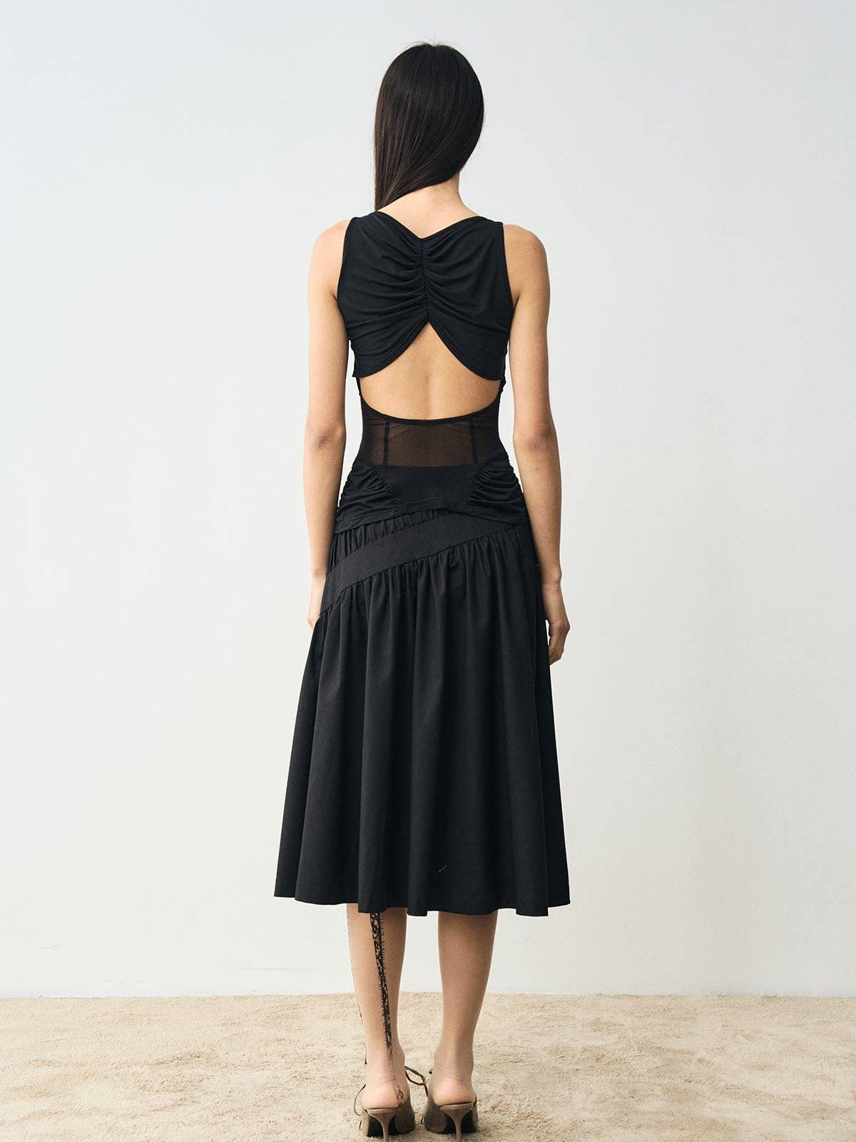 popoop Designer Spliced Panel Ruched Open Back Women&
