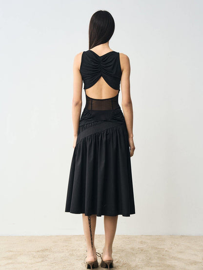 popoop Designer Spliced Panel Ruched Open Back Women&
