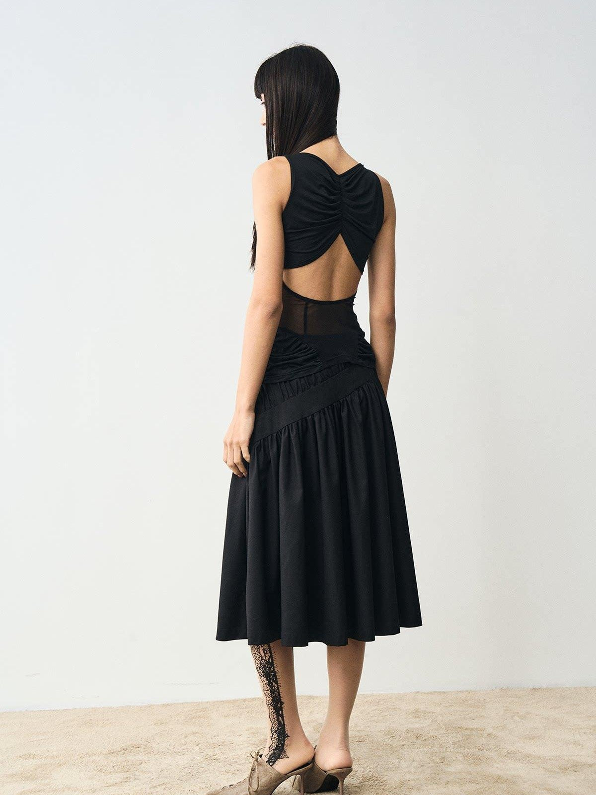 popoop Designer Spliced Panel Ruched Open Back Women&