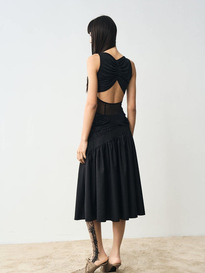 popoop Designer Spliced Panel Ruched Open Back Women&