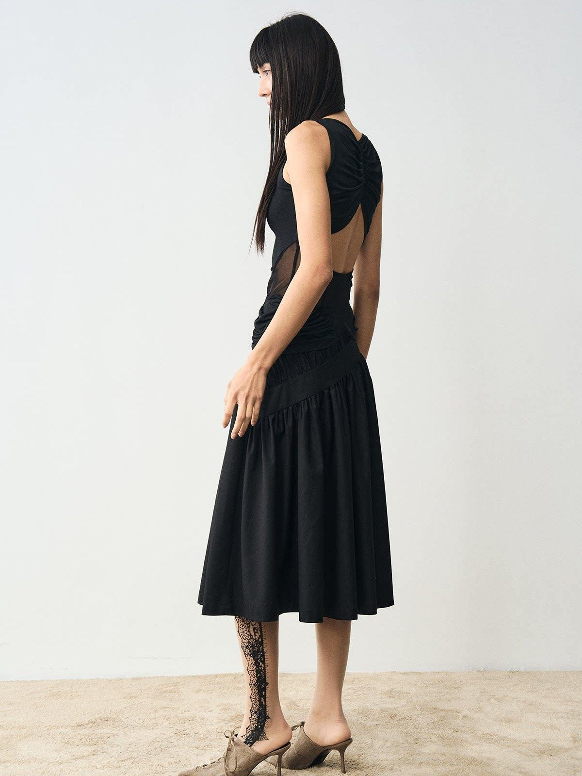 popoop Designer Spliced Panel Ruched Open Back Women&