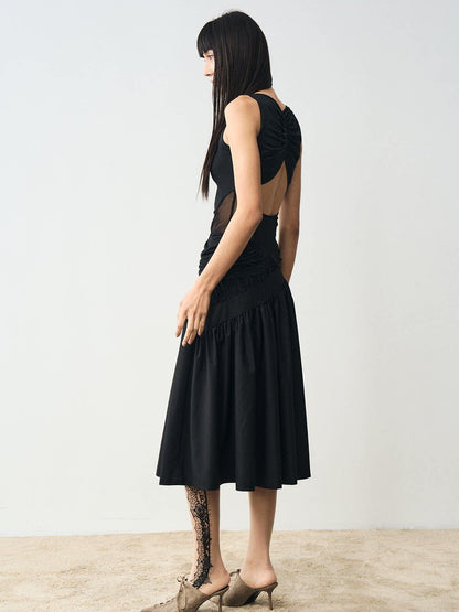 popoop Designer Spliced Panel Ruched Open Back Women&