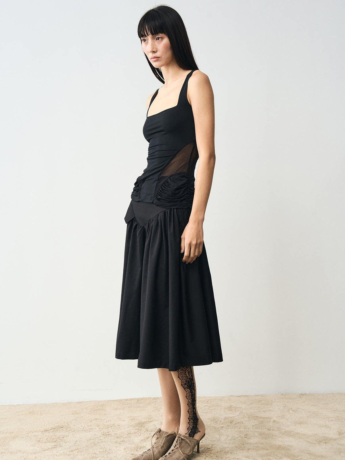 popoop Designer Spliced Panel Ruched Open Back Women&