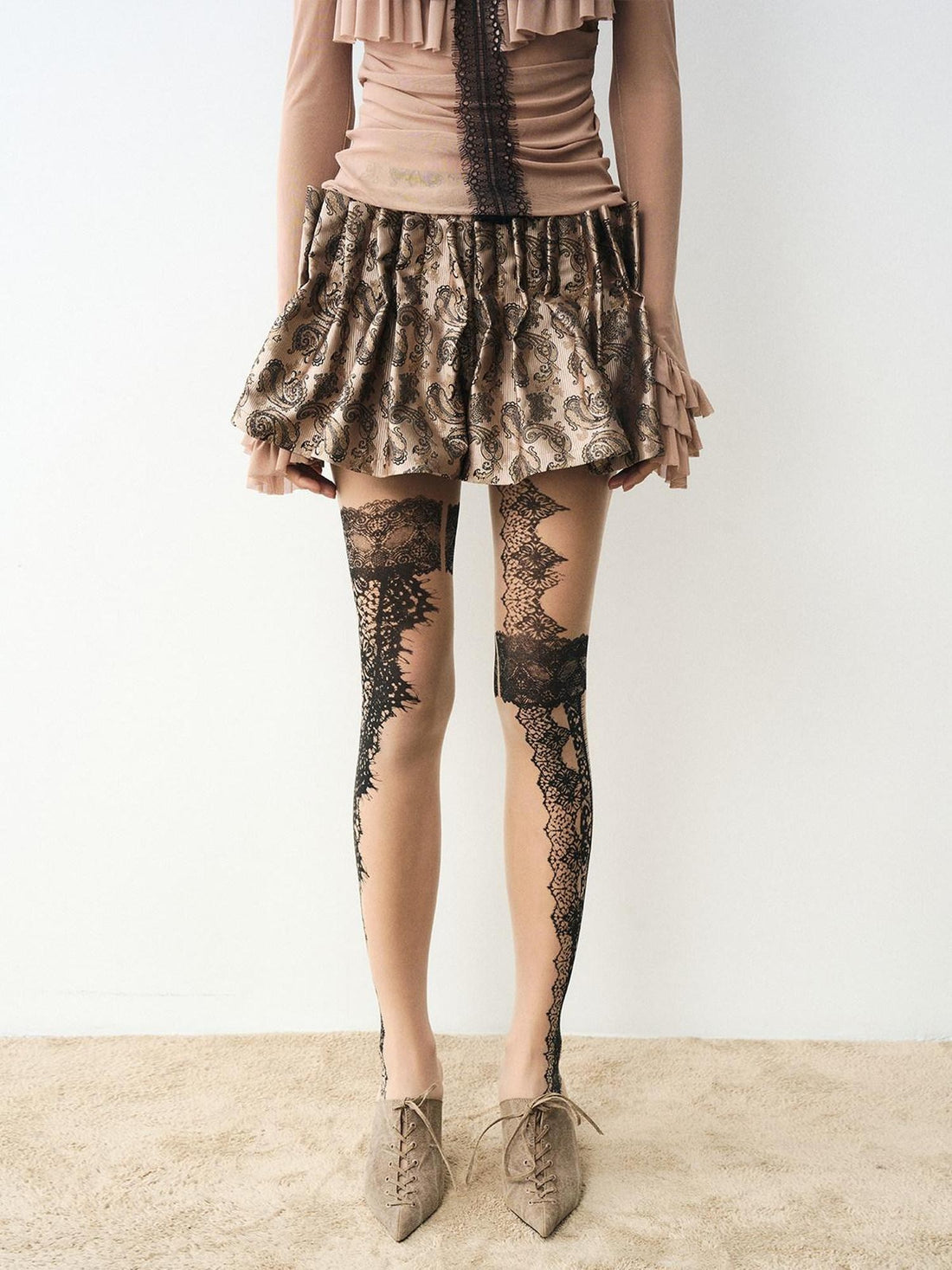 popoop Golden Brown Paisley 3d Structured Mini Pleated Women&