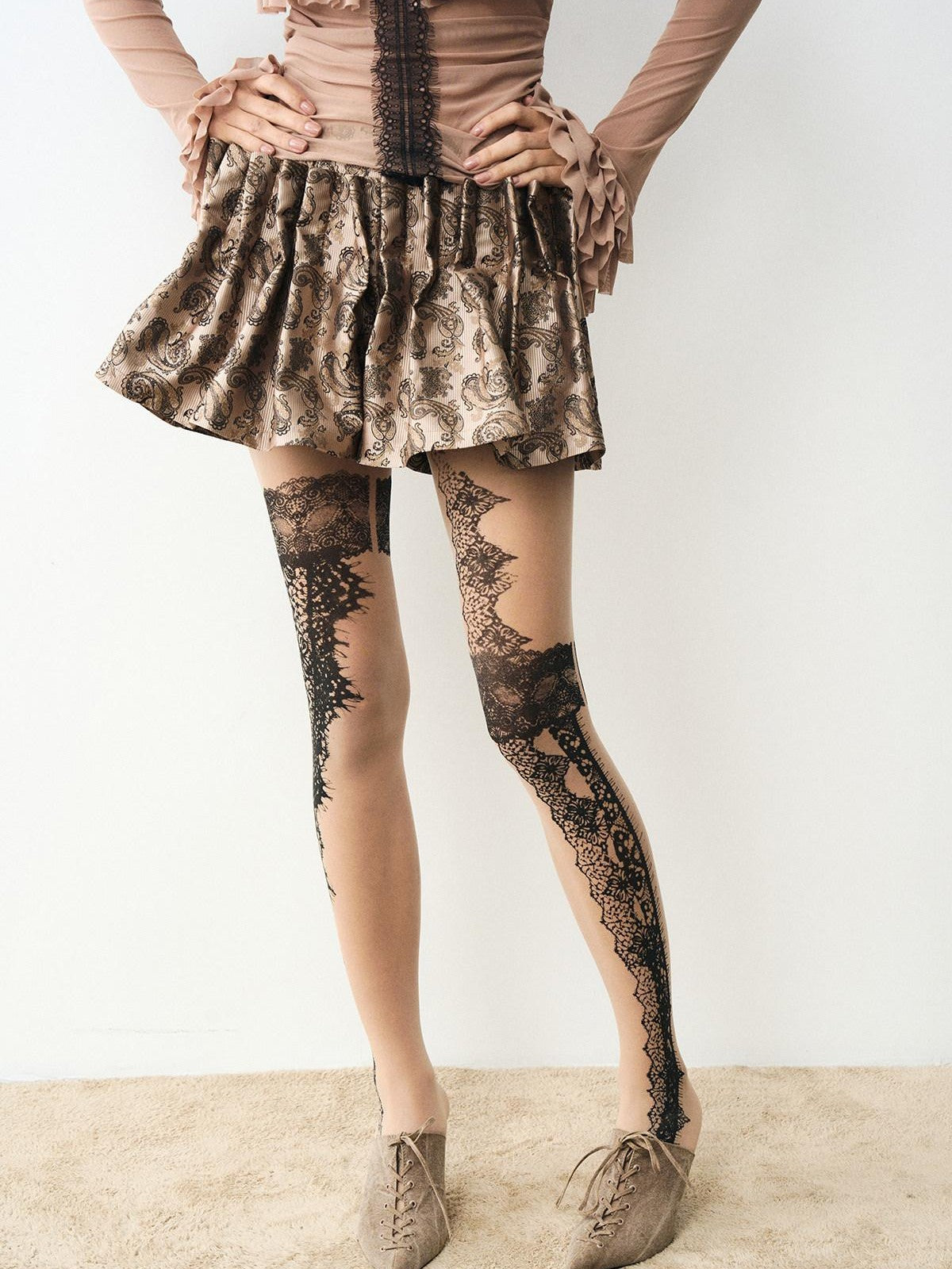popoop Golden Brown Paisley 3d Structured Mini Pleated Women&