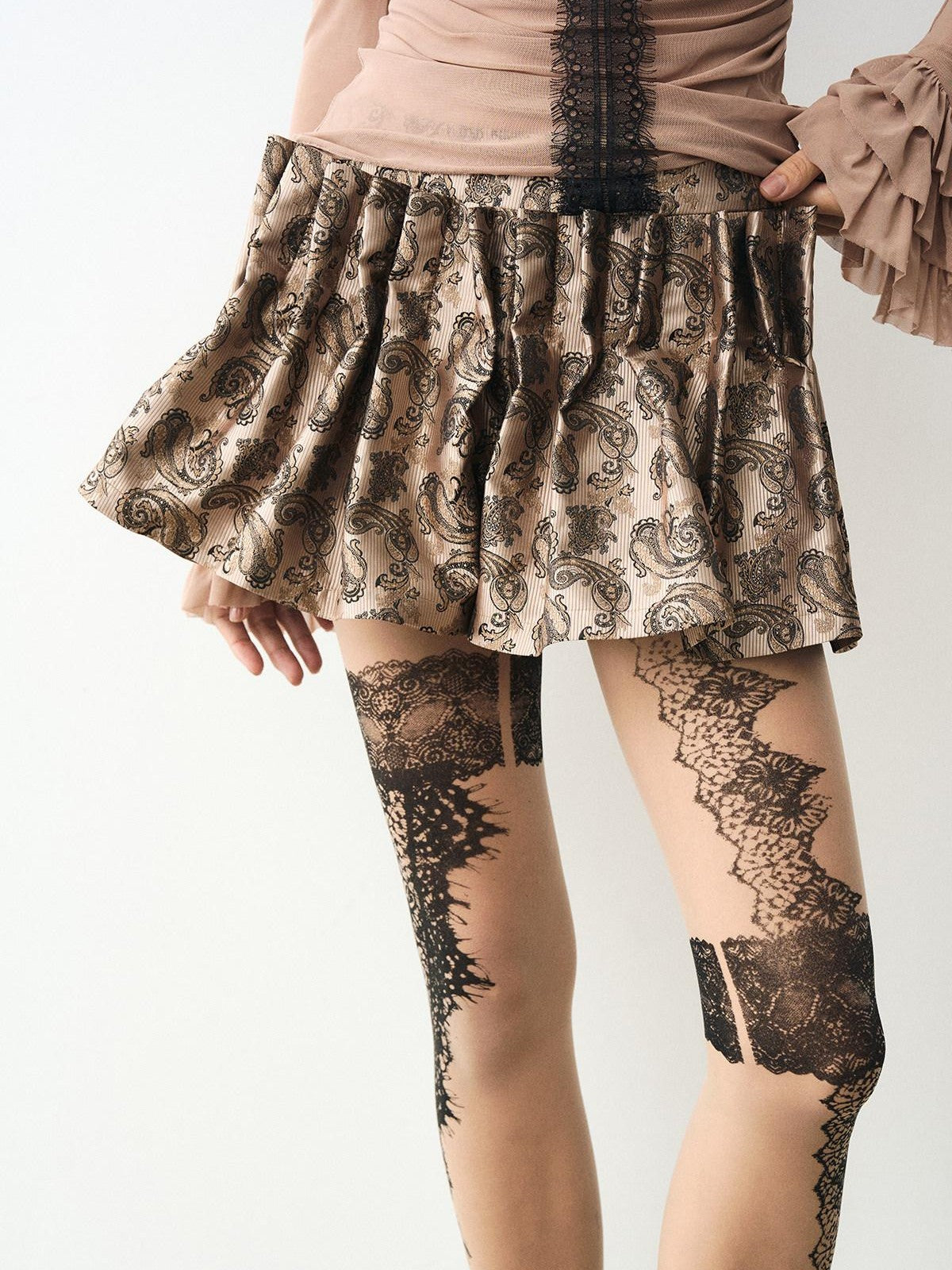 popoop Golden Brown Paisley 3d Structured Mini Pleated Women&