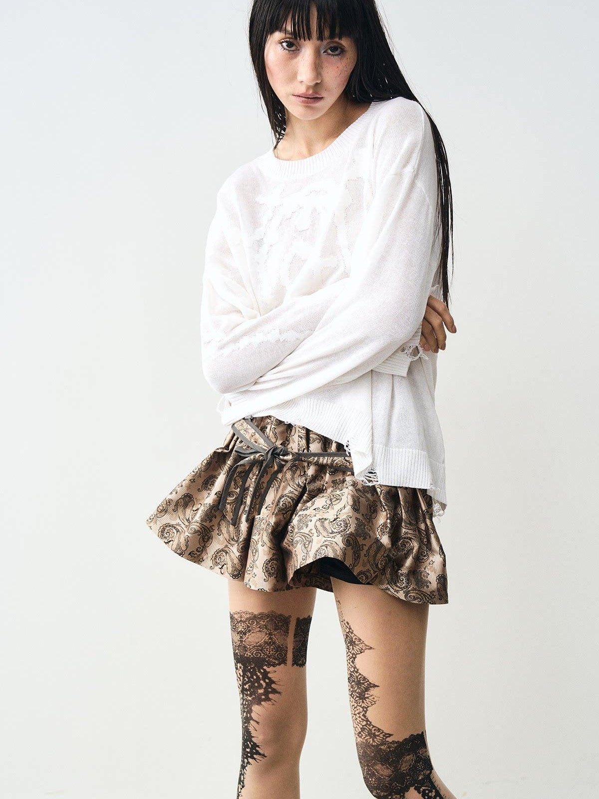 popoop Golden Brown Paisley 3d Structured Mini Pleated Women&