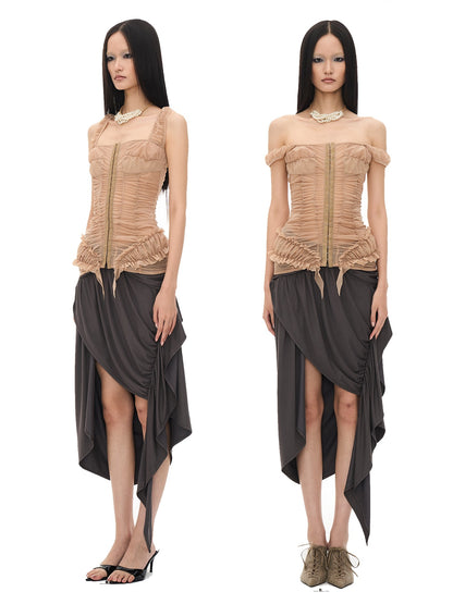 popoop Khaki Nude Ruched Slim Fit Straight Neck Women&