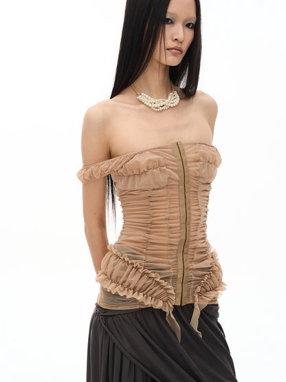 popoop Khaki Nude Ruched Slim Fit Straight Neck Women&