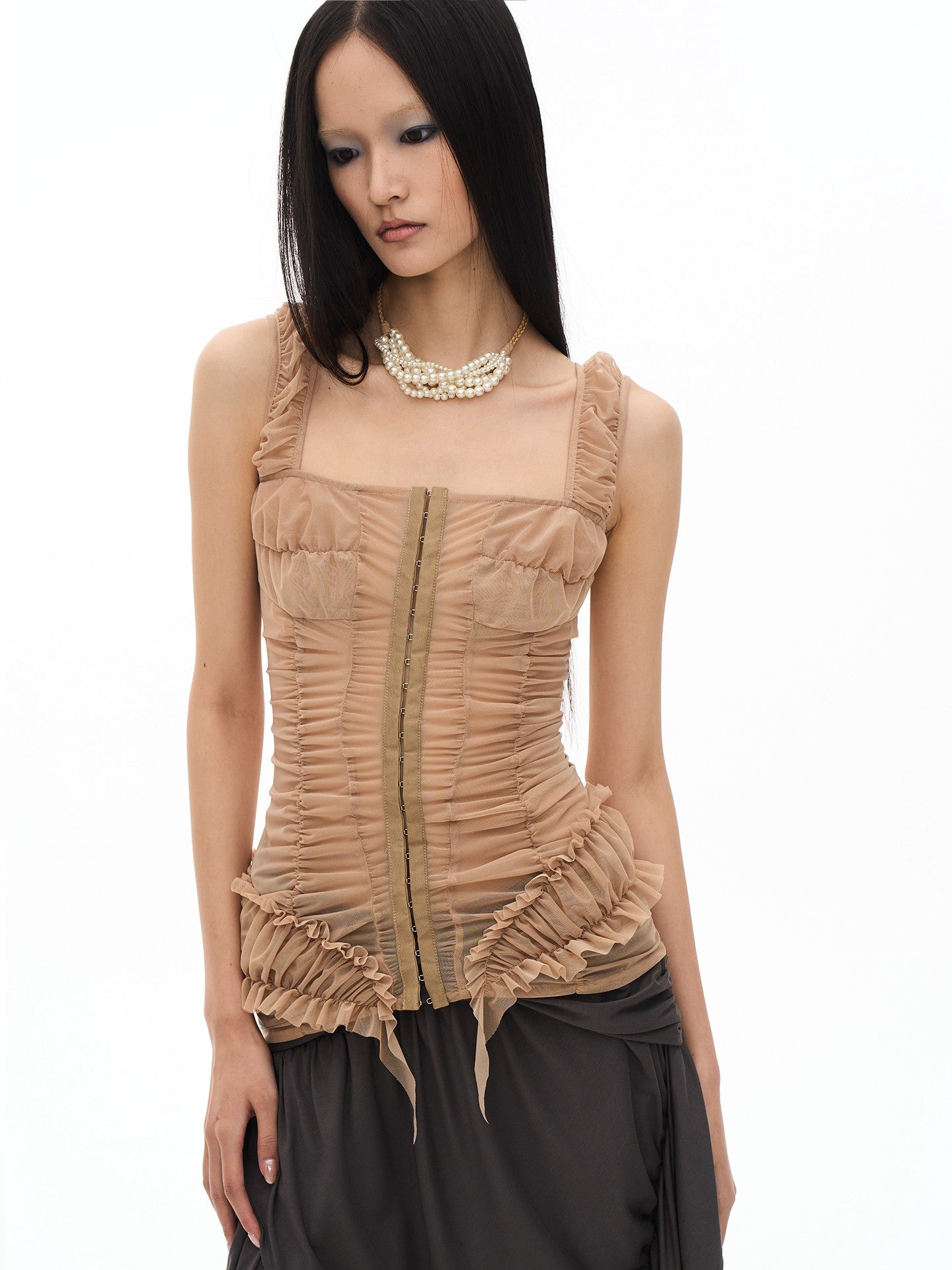 popoop Khaki Nude Ruched Slim Fit Straight Neck Women&