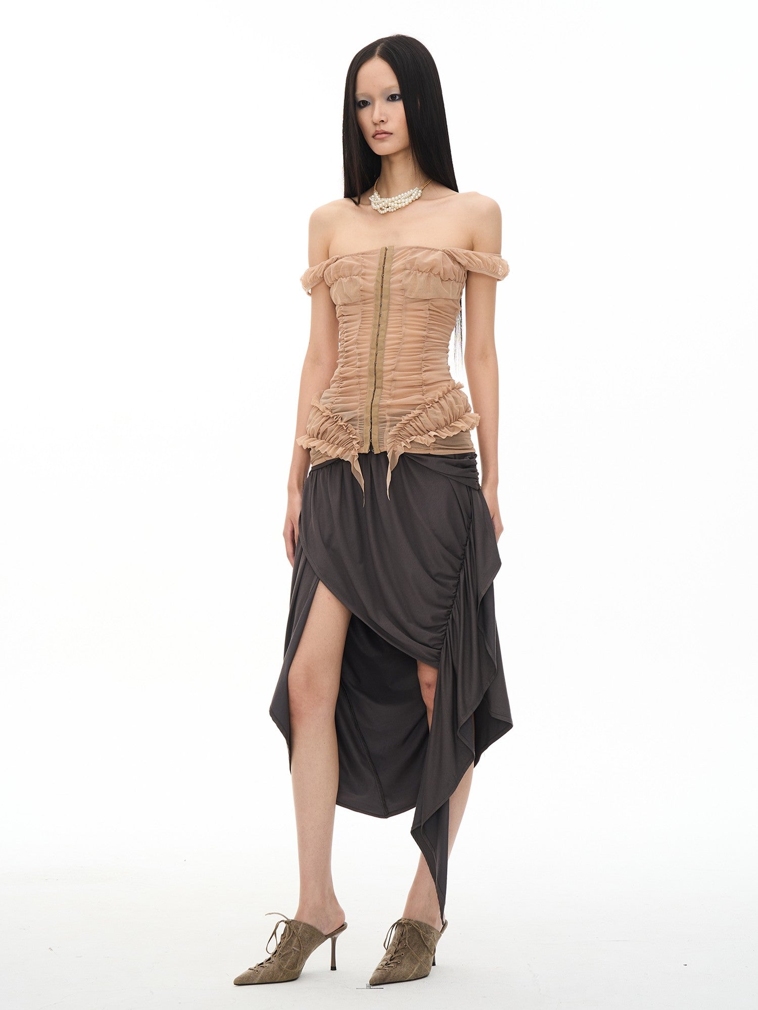 popoop Khaki Nude Ruched Slim Fit Straight Neck Women&