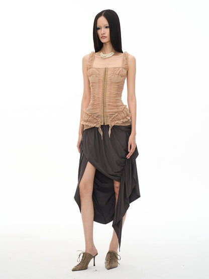 popoop Khaki Nude Ruched Slim Fit Straight Neck Women&