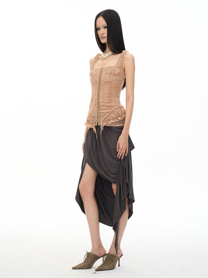 popoop Khaki Nude Ruched Slim Fit Straight Neck Women&