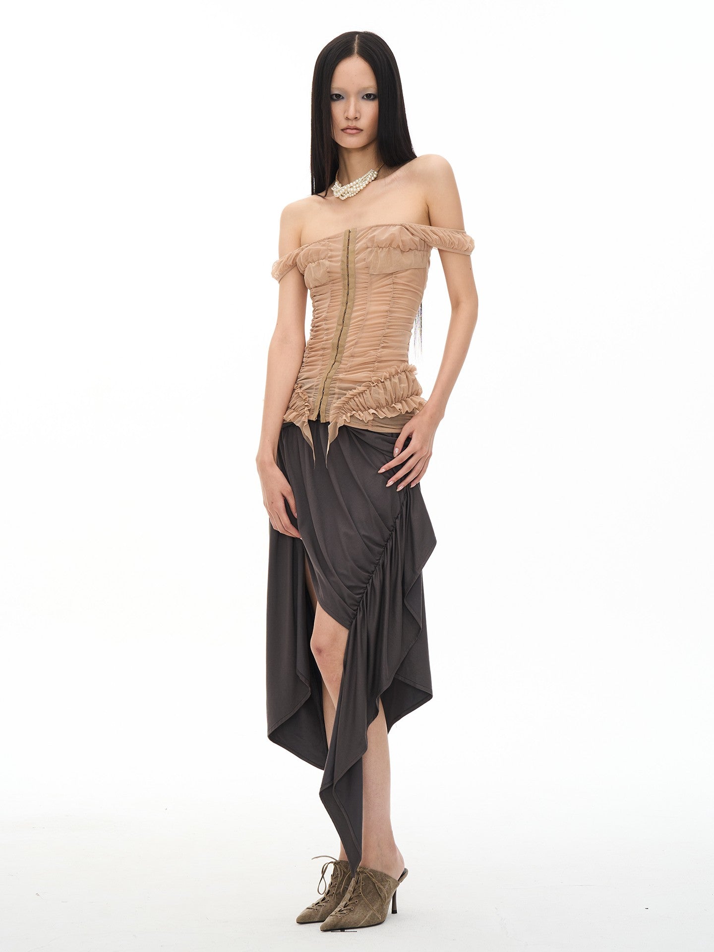 popoop Khaki Nude Ruched Slim Fit Straight Neck Women&