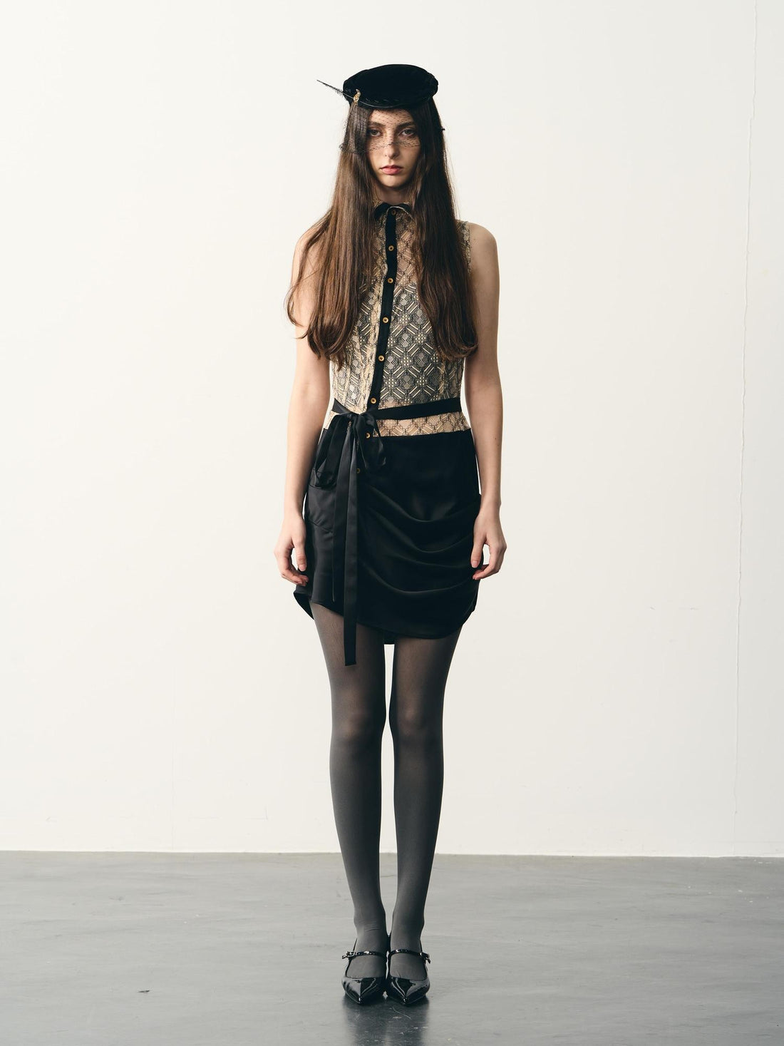 popoop Lace Spliced Satin Ruched High Neck Women&
