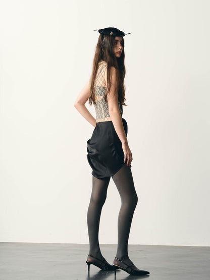 popoop Lace Spliced Satin Ruched High Neck Women&