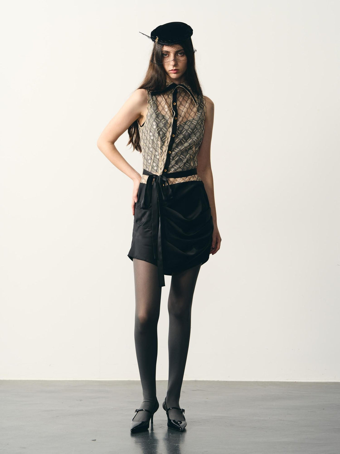 popoop Lace Spliced Satin Ruched High Neck Women&