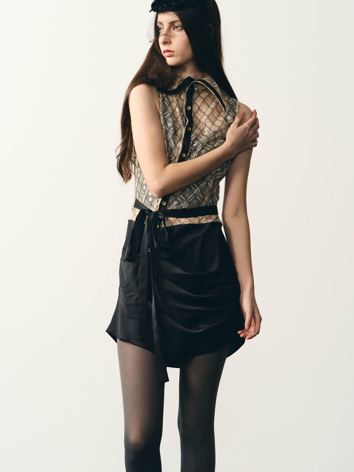 popoop Lace Spliced Satin Ruched High Neck Women&