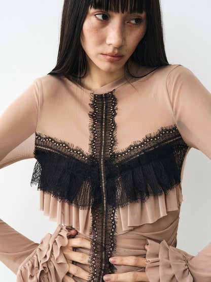 popoop Light Coffee Lace Panel Heavy Ruffle Sleeve Women&