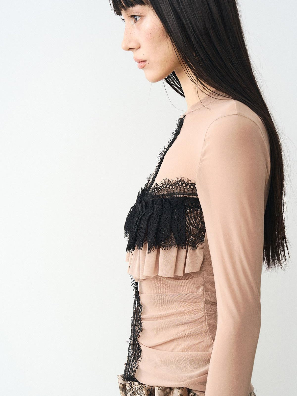 popoop Light Coffee Lace Panel Heavy Ruffle Sleeve Women&