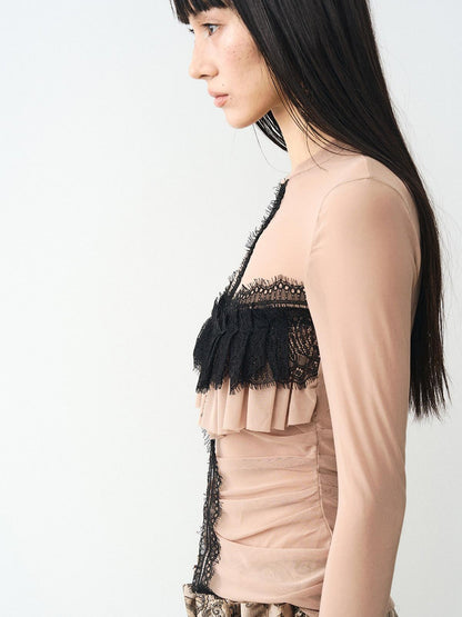 popoop Light Coffee Lace Panel Heavy Ruffle Sleeve Women&