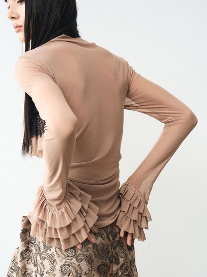 popoop Light Coffee Lace Panel Heavy Ruffle Sleeve Women&