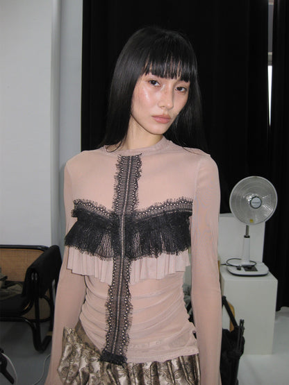 popoop Light Coffee Lace Panel Heavy Ruffle Sleeve Women&