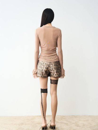 popoop Light Coffee Lace Panel Heavy Ruffle Sleeve Women&