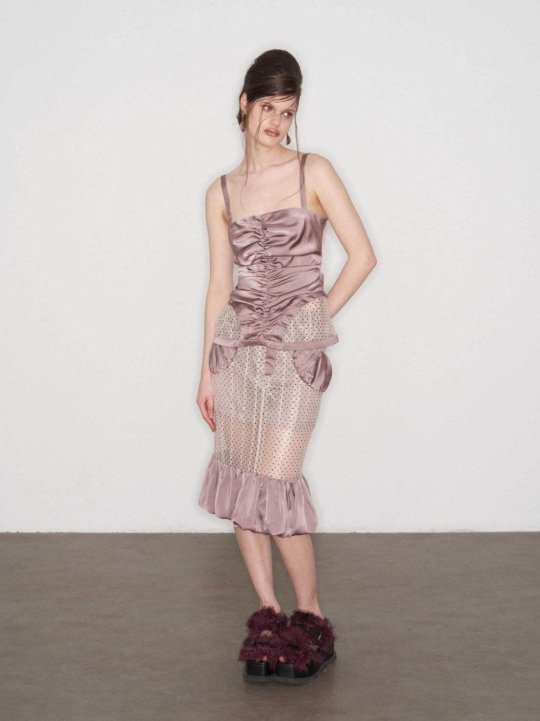 popoop Lilac Pleated Lustrous Polka Dot Lace Cami Women&