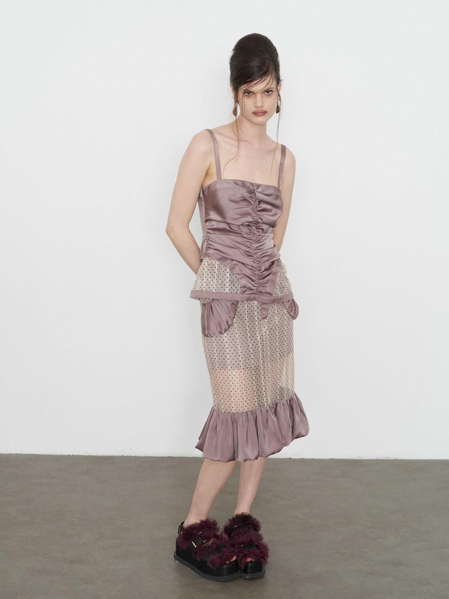 popoop Lilac Pleated Lustrous Polka Dot Lace Cami Women&