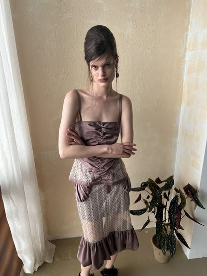 popoop Lilac Pleated Lustrous Polka Dot Lace Cami Women&
