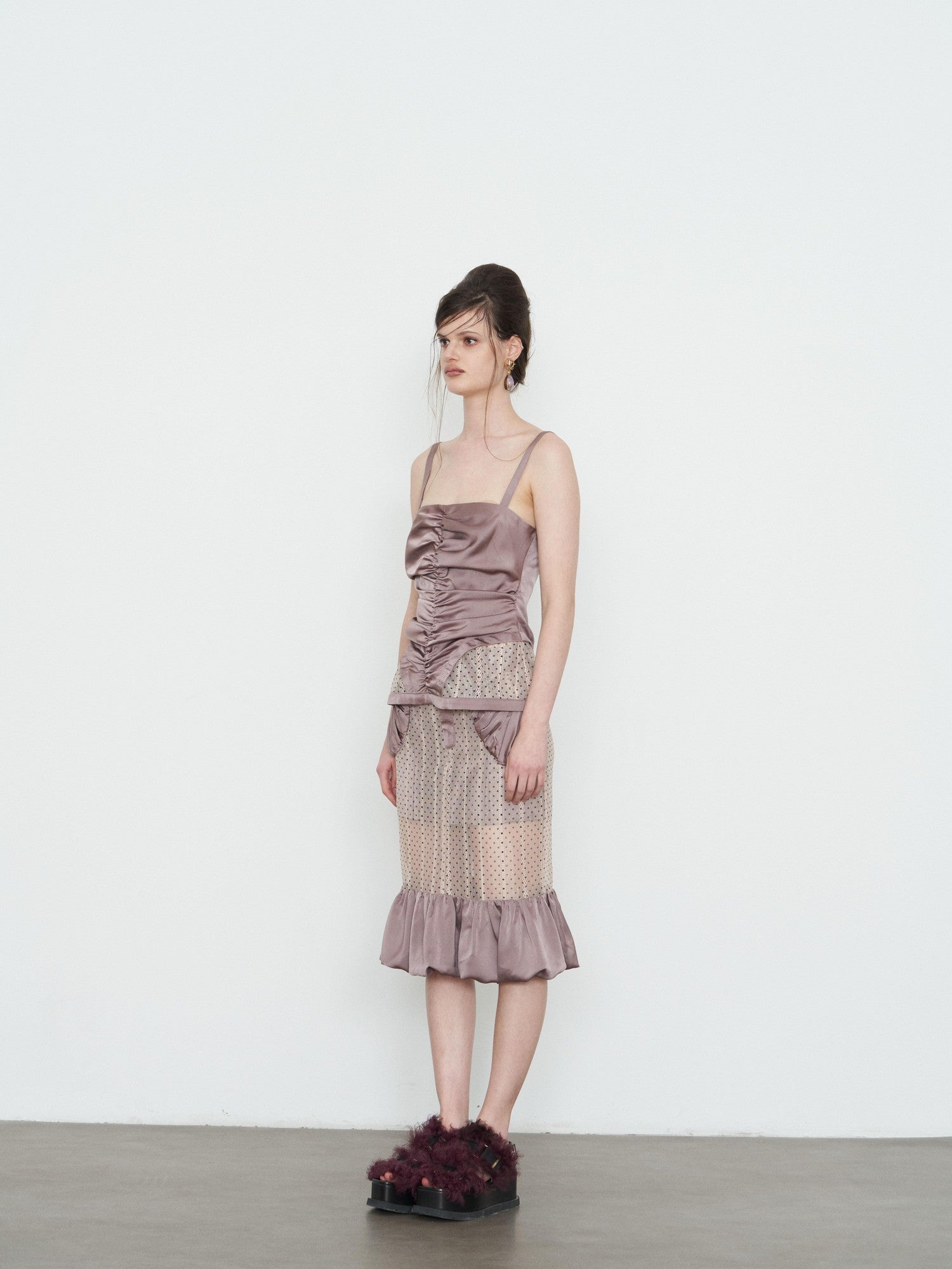popoop Lilac Pleated Lustrous Polka Dot Lace Cami Women&