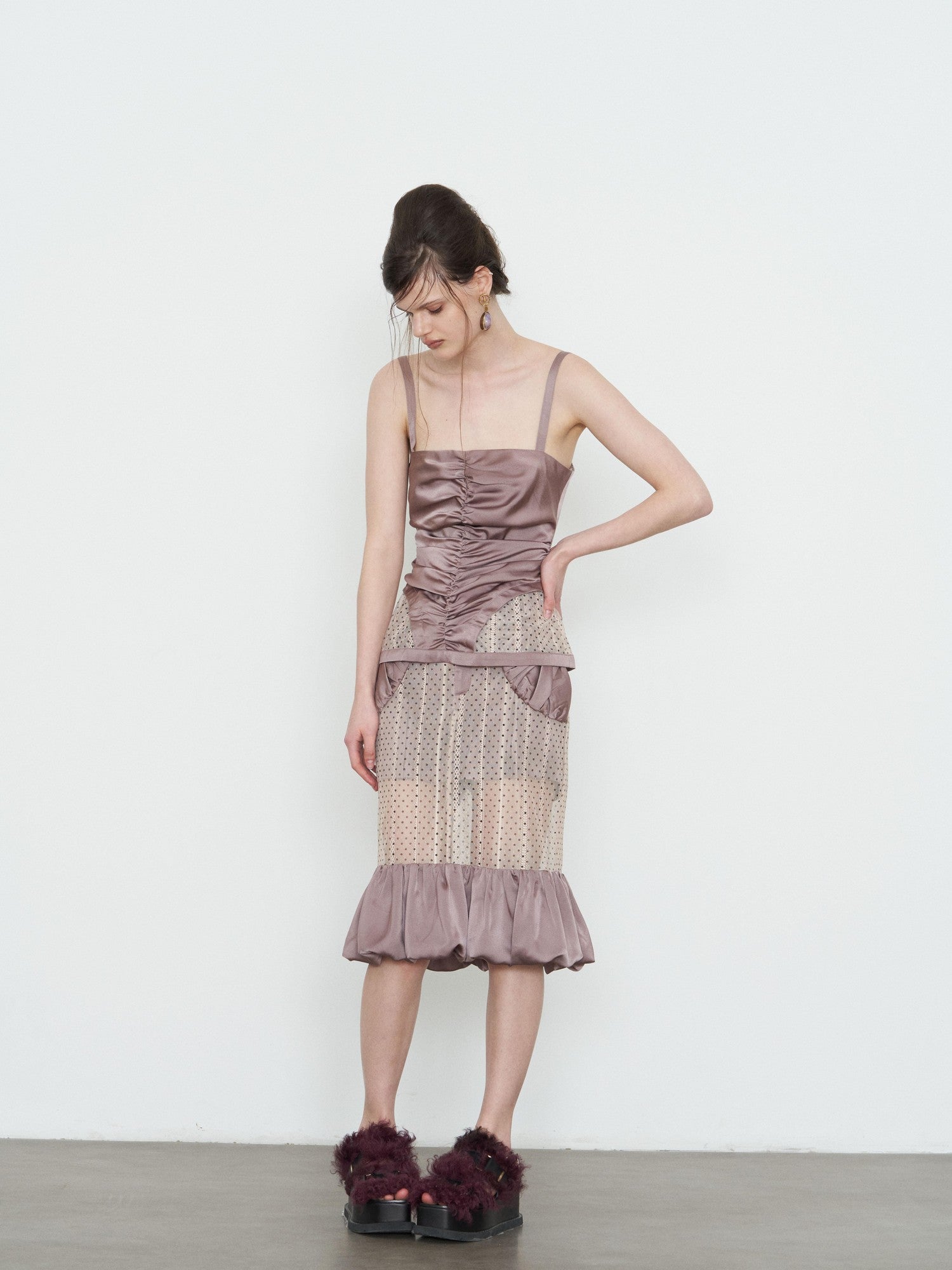 popoop Lilac Pleated Lustrous Polka Dot Lace Cami Women&