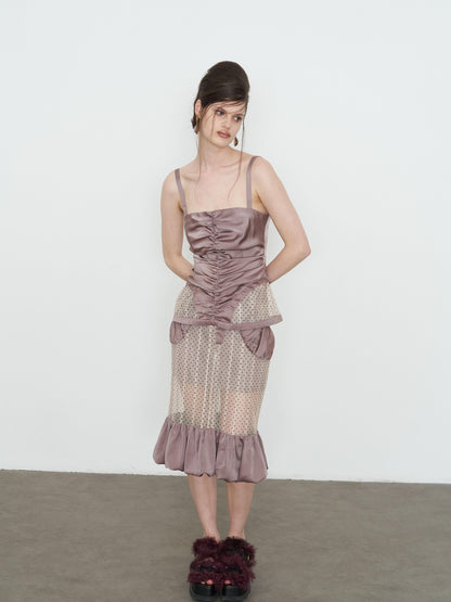 popoop Lilac Pleated Lustrous Polka Dot Lace Cami Women&