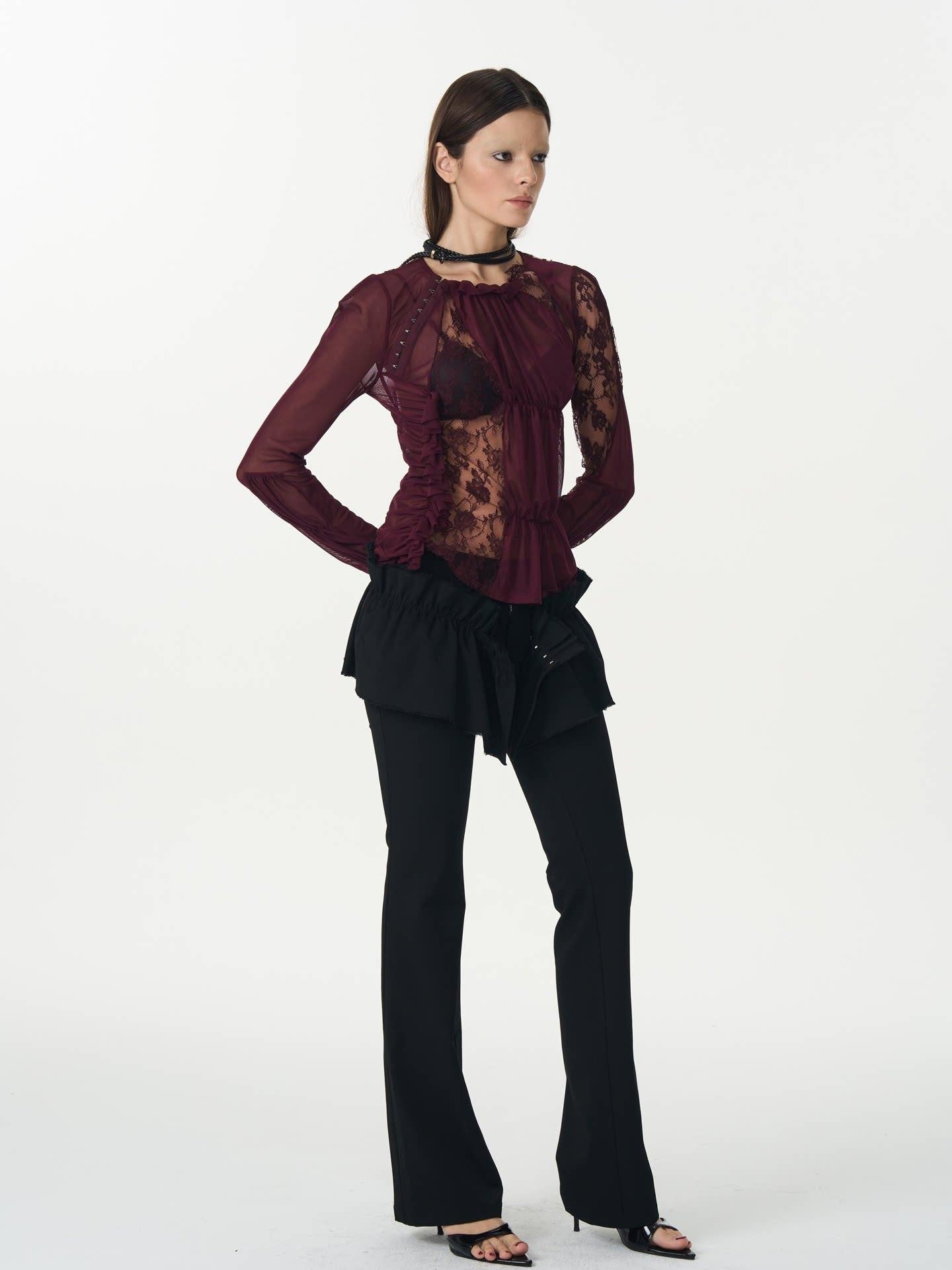 popoop Magenta Hook Ruching Lace Mesh Women&