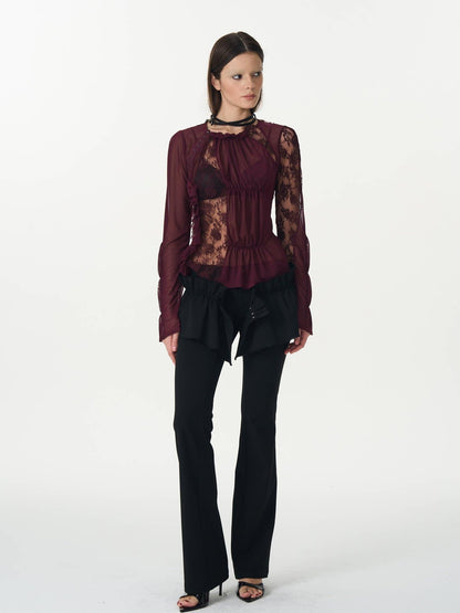 popoop Magenta Hook Ruching Lace Mesh Women&