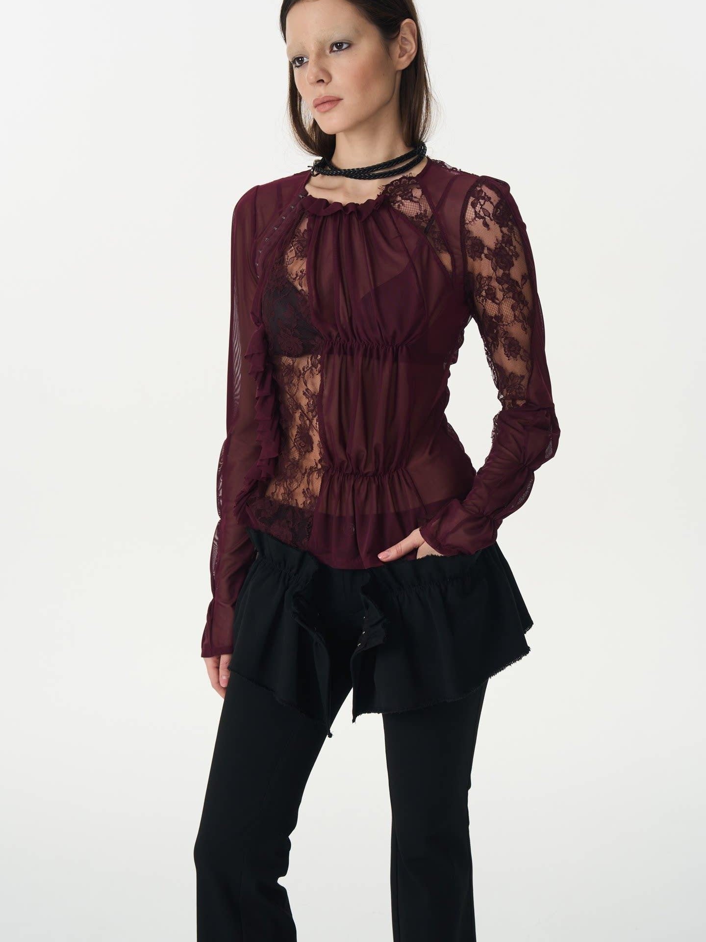 popoop Magenta Hook Ruching Lace Mesh Women&