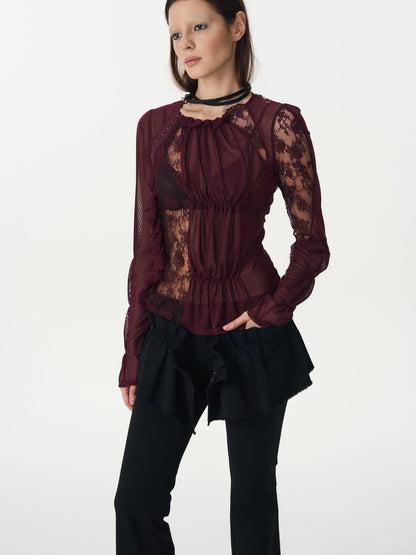 popoop Magenta Hook Ruching Lace Mesh Women&