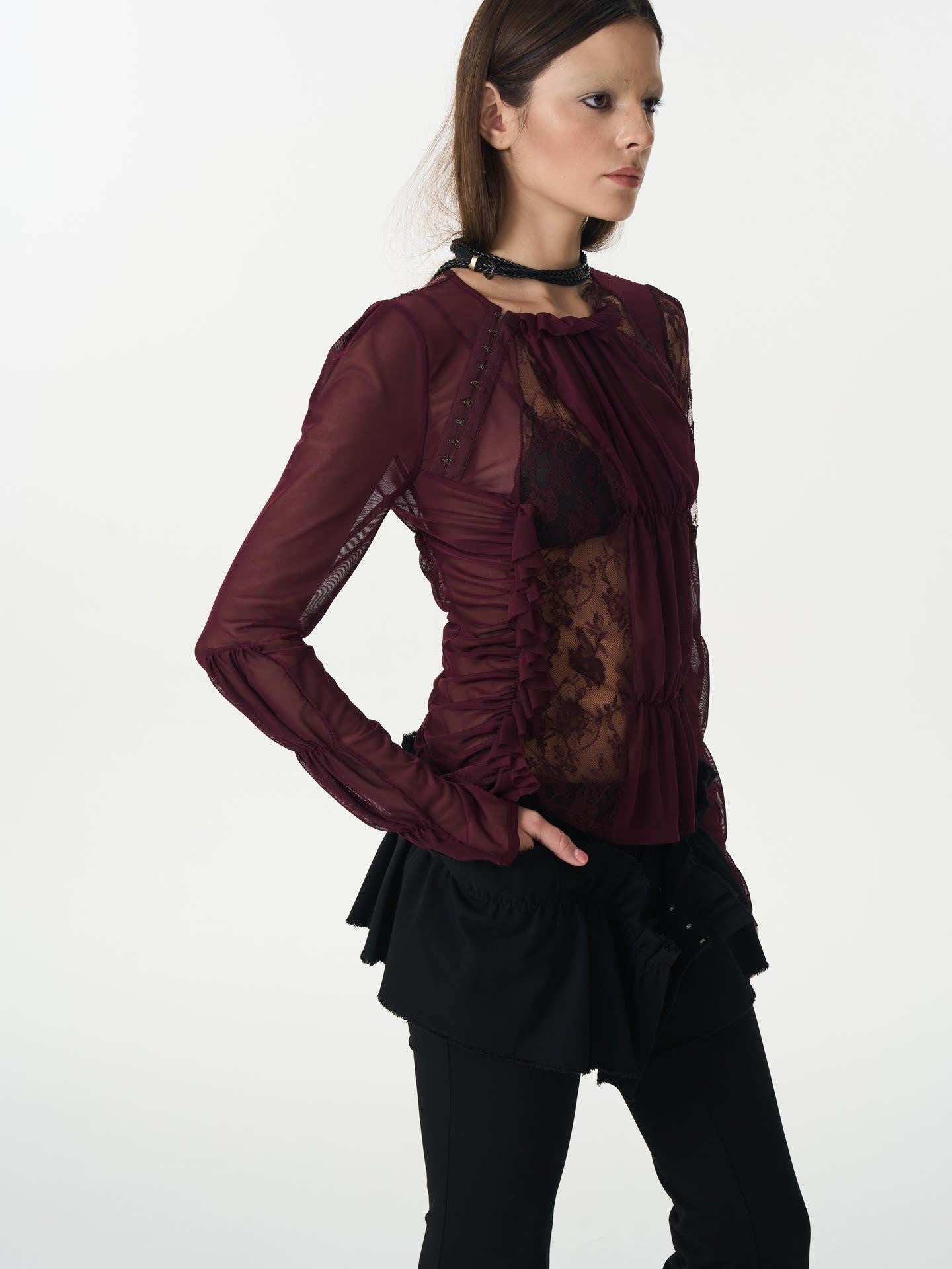 popoop Magenta Hook Ruching Lace Mesh Women&