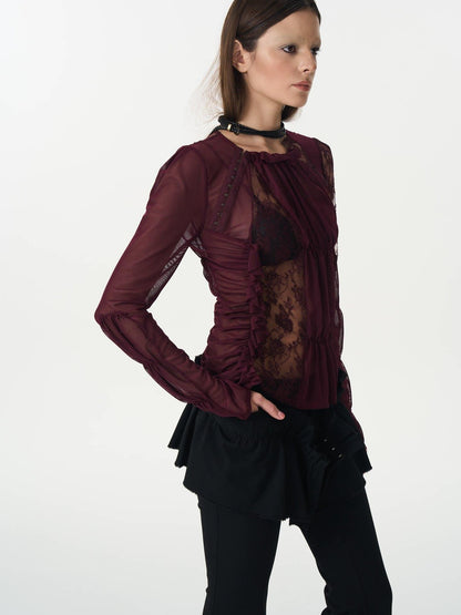popoop Magenta Hook Ruching Lace Mesh Women&