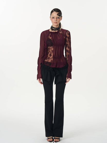 popoop Magenta Hook Ruching Lace Mesh Women&
