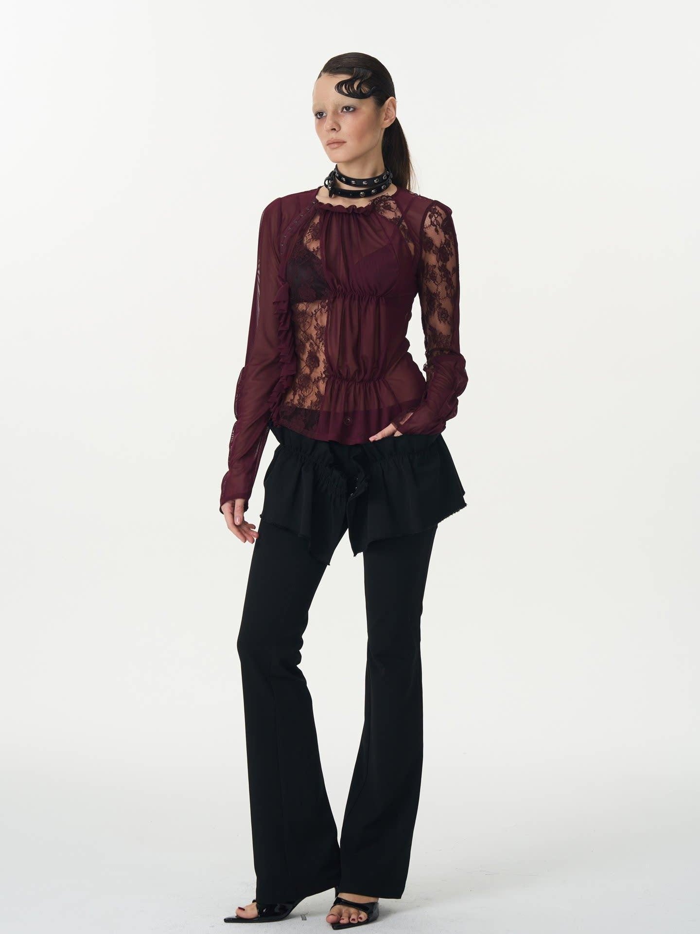 popoop Magenta Hook Ruching Lace Mesh Women&