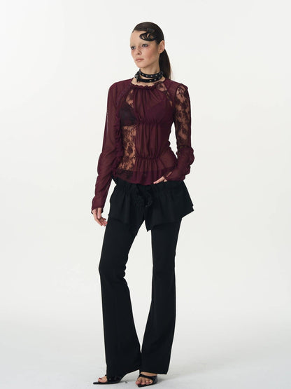 popoop Magenta Hook Ruching Lace Mesh Women&