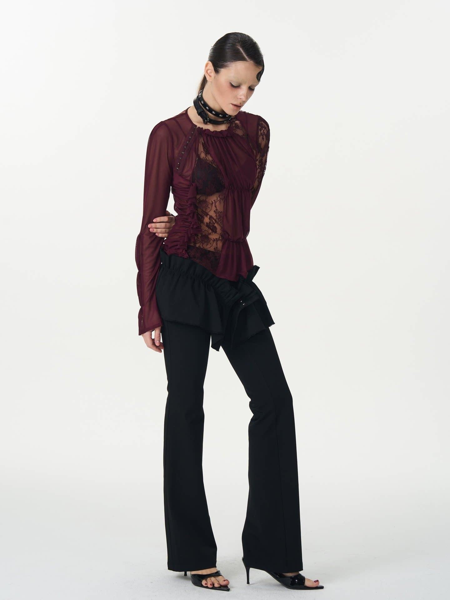 popoop Magenta Hook Ruching Lace Mesh Women&