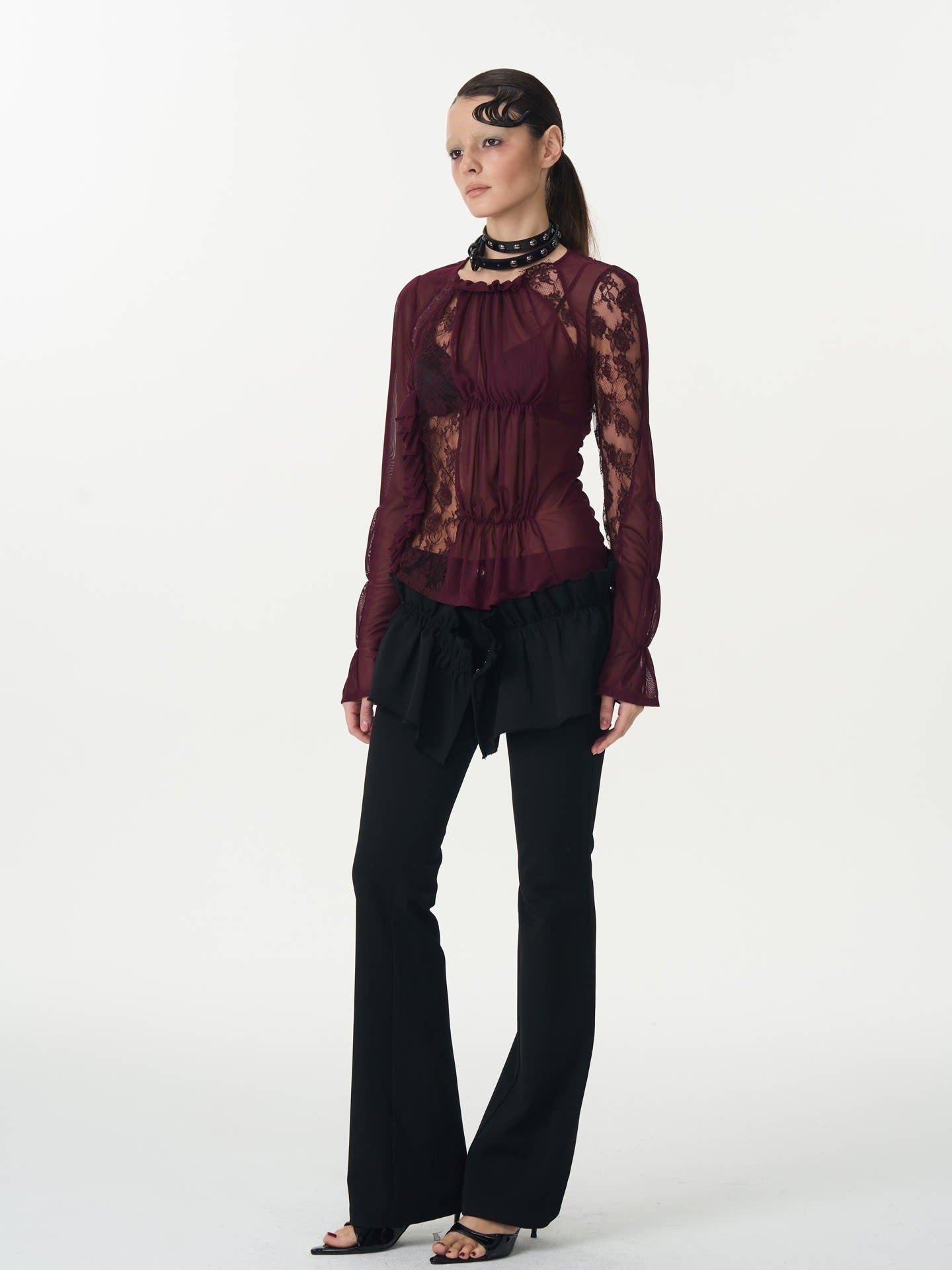popoop Magenta Hook Ruching Lace Mesh Women&