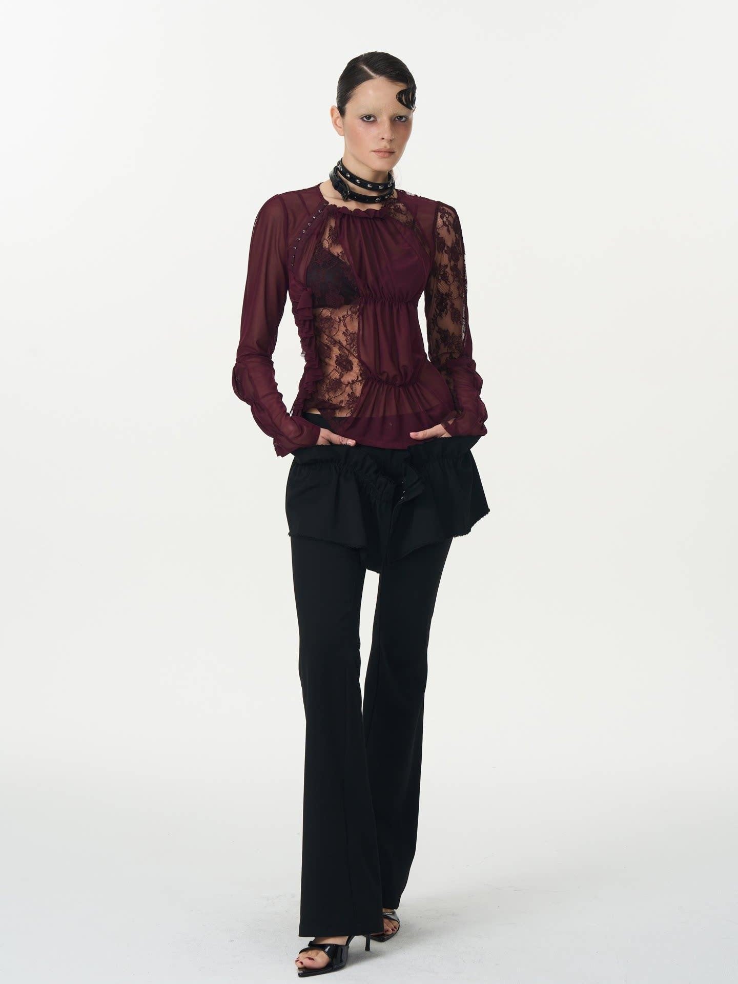 popoop Magenta Hook Ruching Lace Mesh Women&